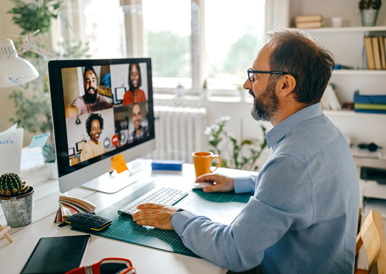 Man attending virtual conference call.